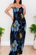 Blue Black Sexy Print Spaghetti Strap Long Dresses