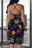 Black Sexy Print Patchwork Spaghetti Strap Wrapped Skirt Dresses
