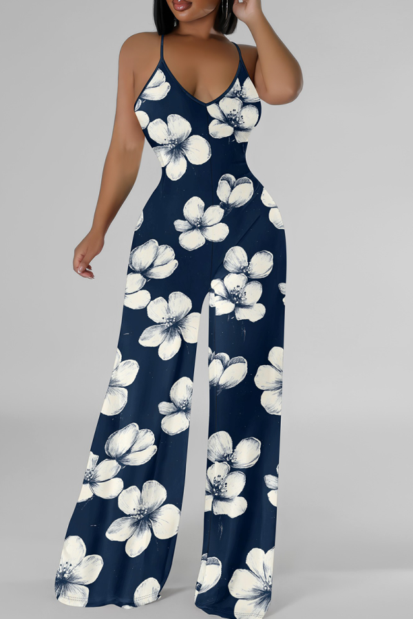 Black And White Casual Print Backless Spaghetti Strap Loose Jumpsuits