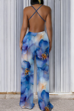 Blue Casual Print Backless Spaghetti Strap Loose Jumpsuits