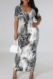 Black And White Casual Print Patchwork U Neck Long Dresses