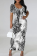Black And White Casual Print Patchwork U Neck Long Dresses