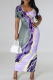 Purple Casual Print Patchwork V Neck Long Dresses