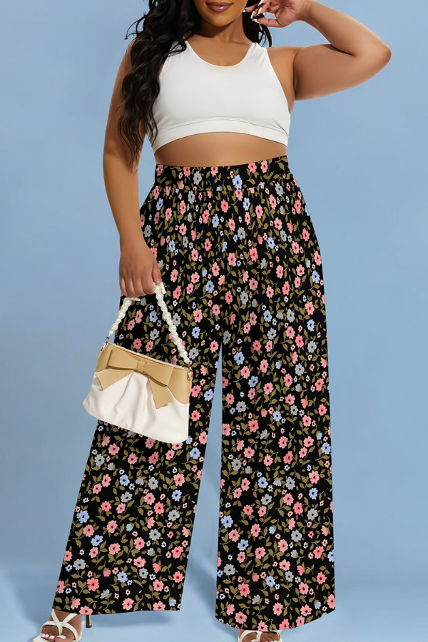 Green Pink Casual Print Pocket Loose Conventional Full Print Bottoms
