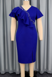 Blue Elegant Solid Color Slit Hot Drill V Neck Wrapped Skirt Dresses