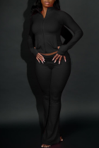 Black Casual Solid Color Zipper Zipper Collar Long Sleeve Two Pieces