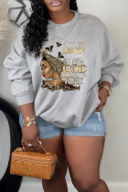 Gray Gold Casual Print O Neck Tops