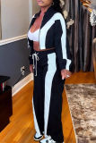 Rose Red Casual Stripe Contrast Zipper Collar Long Sleeve Two Pieces