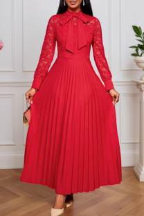 Red Elegant Solid Color Pleated O Neck Long Dresses
