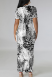 Black And White Casual Print Patchwork U Neck Long Dresses