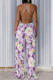 Purple And White Casual Print Backless Spaghetti Strap Loose Jumpsuits
