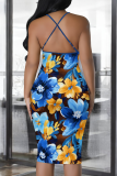 Blue Yellow Sexy Print Patchwork Spaghetti Strap Wrapped Skirt Dresses