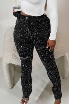 Black Casual Solid Color Ripped Hot Drill Mid Waist Skinny Denim Jeans