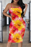 Yellow Pink Sexy Print Patchwork Spaghetti Strap Wrapped Skirt Dresses
