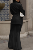 Black Elegant Solid Color Mesh V Neck Long Sleeve Two Pieces