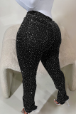 Black Casual Solid Color Ripped Hot Drill Mid Waist Skinny Denim Jeans