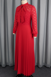 Red Elegant Solid Color Pleated O Neck Long Dresses