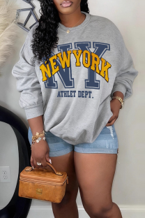 Gray Blue Casual Print O Neck Tops