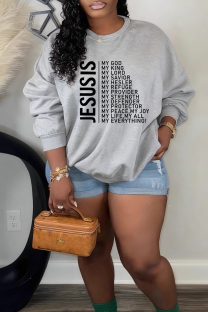 Grey Black Casual Print O Neck Tops
