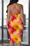 Yellow Pink Sexy Print Patchwork Spaghetti Strap Wrapped Skirt Dresses