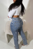 Black Casual Solid Color Ripped Hot Drill Mid Waist Skinny Denim Jeans