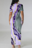 Purple Casual Print Patchwork V Neck Long Dresses