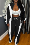 Rose Red Casual Stripe Contrast Zipper Collar Long Sleeve Two Pieces