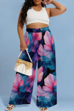 Purplish Blue Casual Print Pocket Loose Mid Waist Conventional Full Print Bottoms
