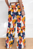 Orange Casual Print Draw String Loose Conventional Full Print Bottoms
