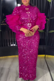 Light Blue Elegant Solid Color Sequins Mesh Mandarin Collar Plus Size Two Pieces