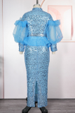 Light Blue Elegant Solid Color Sequins Mesh Mandarin Collar Plus Size Two Pieces