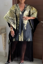 Black Elegant Bronzing Pattern Fringed Trim V Neck Long Dresses