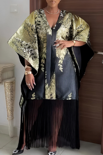 Black Elegant Bronzing Pattern Fringed Trim V Neck Long Dresses