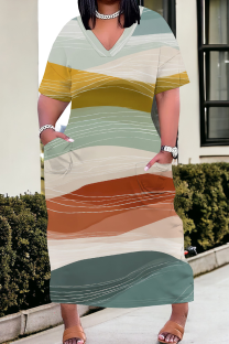 Green Casual Print Draw String Contrast V Neck Long Plus Size Dresses