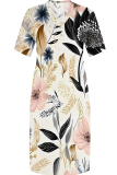 Apricot Casual Print Pocket V Neck Long Plus Size Dresses