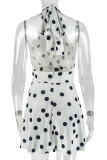 White Sexy Polka Dot Backless O Neck Sleeveless Dresses