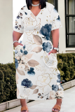 White Casual Print Pocket V Neck Long Plus Size Dresses