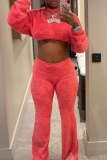 Coral Powder Casual Solid Color Patchwork Hooded Long Sleeve Two Pieces