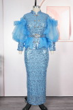 Light Blue Elegant Solid Color Sequins Mesh Mandarin Collar Plus Size Two Pieces