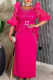Rose Red Elegant Solid Color Beading With Belt Flounce V Neck Long Plus Size Dresses