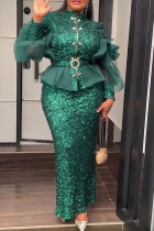 Green Elegant Solid Color Sequins Mesh Mandarin Collar Plus Size Two Pieces