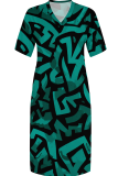 Green Casual Print Pocket V Neck Long Plus Size Dresses
