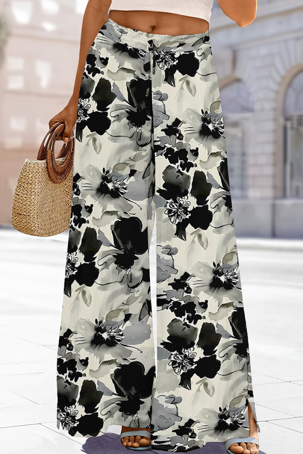 Black Gray Casual Print Draw String Loose Conventional Full Print Bottoms