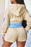Apricot Casual Print Zipper Hooded Long Sleeve Two Pieces