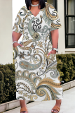 Yellow Casual Print Pocket V Neck Long Plus Size Dresses