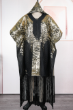 Blue Elegant Bronzing Pattern Fringed Trim V Neck Long Dresses