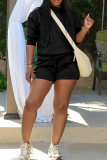 Black Casual Solid Color Draw String O Neck Long Sleeve Two Pieces