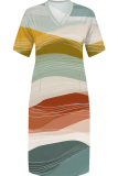 Green Casual Print Draw String Contrast V Neck Long Plus Size Dresses