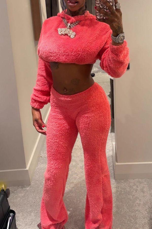 Coral Powder Casual Solid Color Patchwork Hooded Long Sleeve Two Pieces