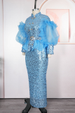 Light Blue Elegant Solid Color Sequins Mesh Mandarin Collar Plus Size Two Pieces